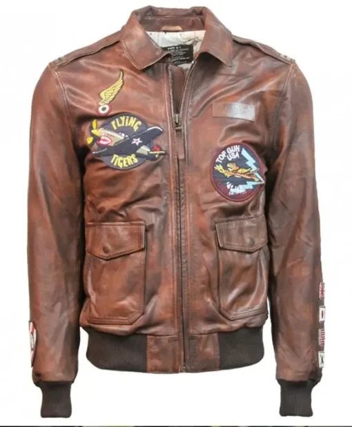 Top Gun Flying Tigers Zip Up Brown Leather Bomber Jacket