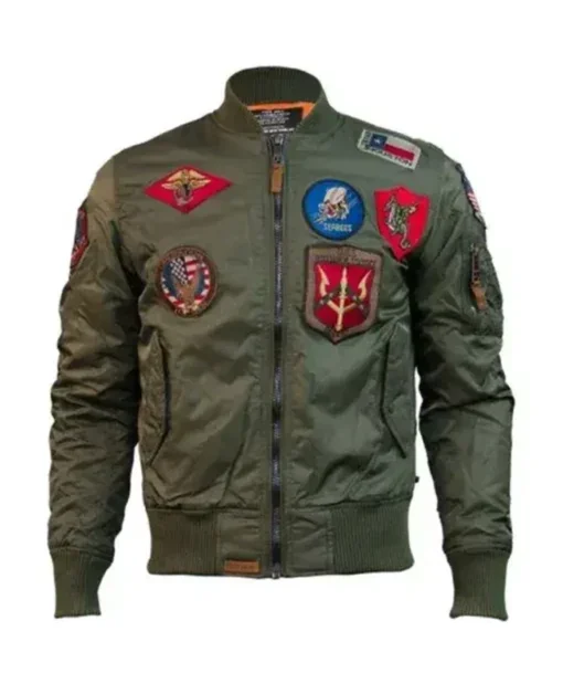 Top Gun Green MA-1 Flight Patched Zip Up Bomber Jacket