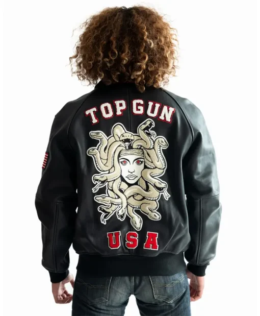 Top Gun Medusa Black Zip Up Real Leather Bomber Jacket