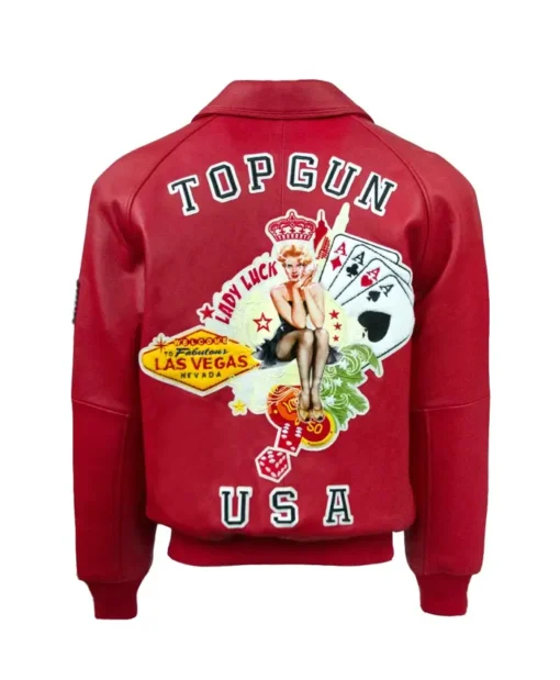 Top Gun USA Lady Lucky Red US Flag Bomber Leather Jacket