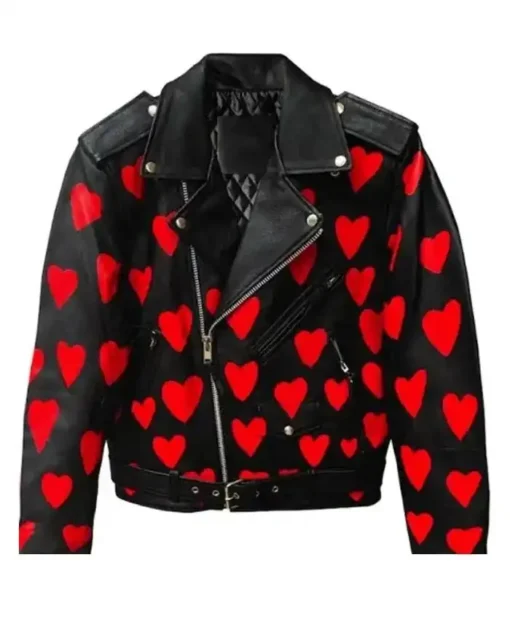 Valentine Heart Printed Biker Jacket