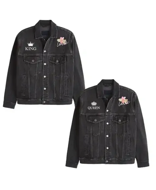 Valentine Love King And Queen Couple Black Denim Jacket