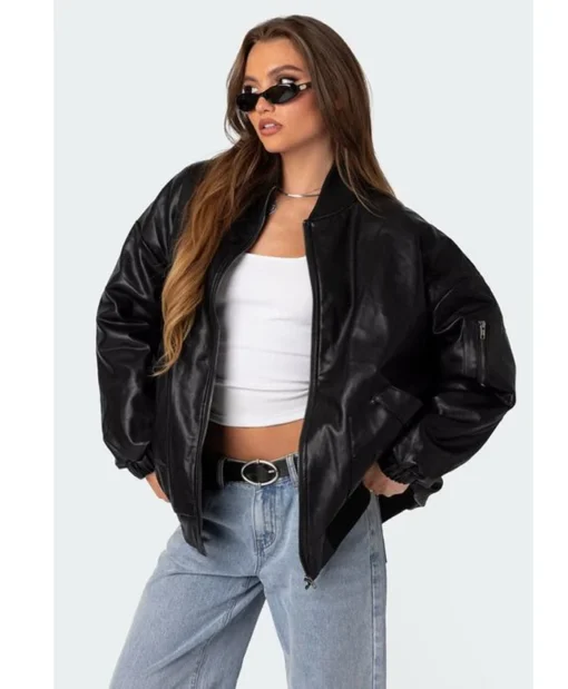 Virginia Edikted Women Black Faux Leather Bomber Jacket