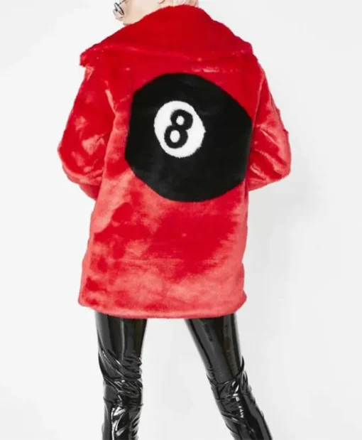 Women’s 8 Ball Logo Printed Fluffy and Shiny Wide Lapel Collar Faux Fur Red Jacket