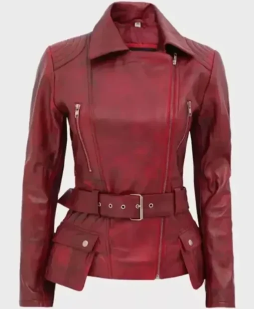 Women’s Distressed Front Zipper Closure Maroon Biker Jacket