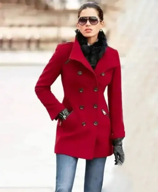 Womens Double Breasted Red Wool Coat