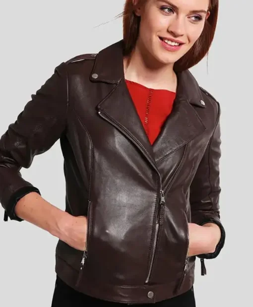 Women’s Slim Fit Motorcycle Brown Leather Jacket