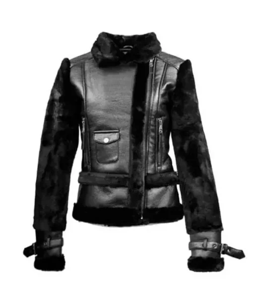 Womens Top Gun Black Fur Zipper Slim Fit Leather Jacket