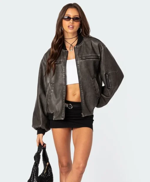 Wright Reformation Black Oversized Leather Bomber Jacket