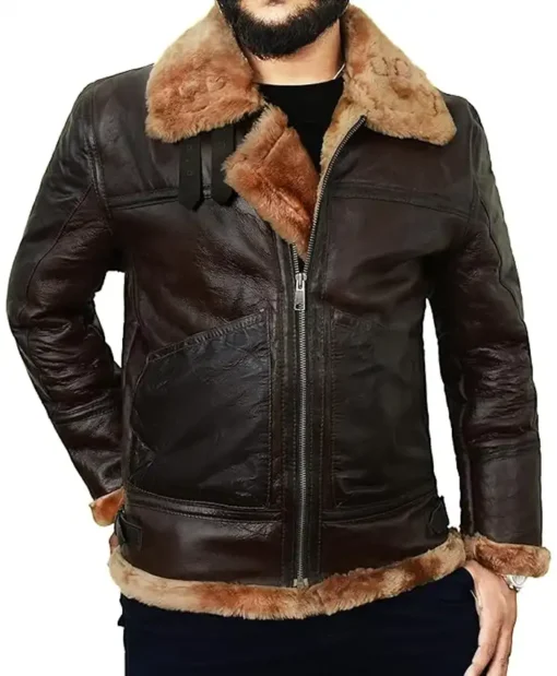 B-3 Brown Pilot Bomber Shearling Fur Jacket