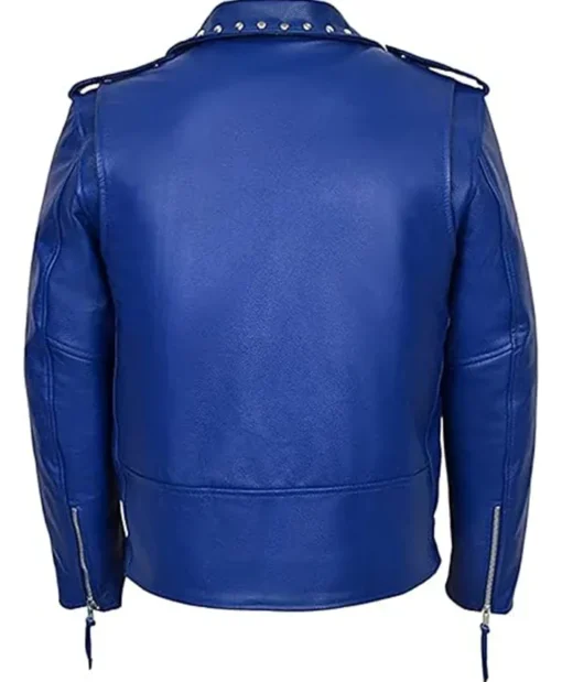 Buy Men’s Classic Motorcycle Blue Studded Biker Leather Jacket For Unisex