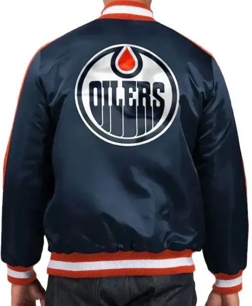 Buy Now Edmonton Oilers O-Line Navy Blue Satin Varsity Jacket For Sale