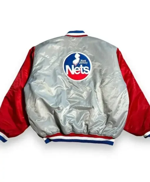 Buy Now New Jersey Nets 90’s Gray and Red Satin Varsity Jacket For Sale