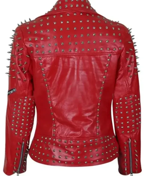 Buy Red Biker Leather With Cone And Tree Spike Studs Jacket For Unisex