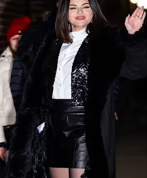 Buy The Late Show With Stephen Colbert Selena Gomez Black Fur Long Coat For Unisex