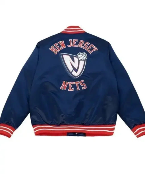 Get Now New Jersey Nets Heavyweight Navy Blue Satin Varsity Jacket For Sale