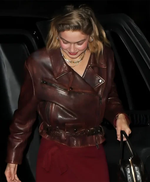 Gigi Hadid NYC Girls Night Out Brown Leather Jacket