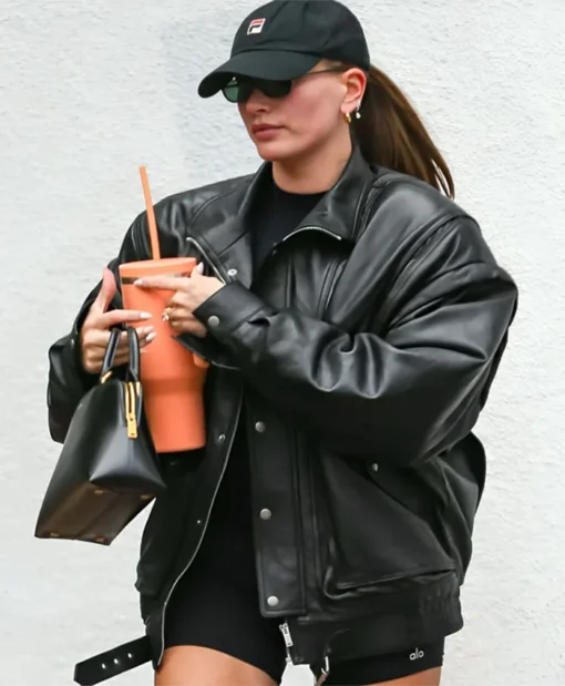 Hailey Bieber Oversize Black Leather Jacket