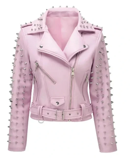 LJB Women Pink Spike Skeleton Studs Leather Jacket