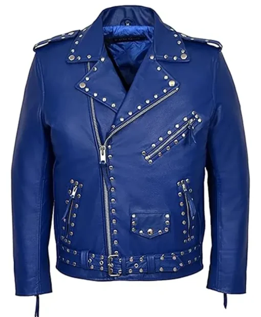 Men’s Classic Motorcycle Blue Studded Biker Leather Jacket