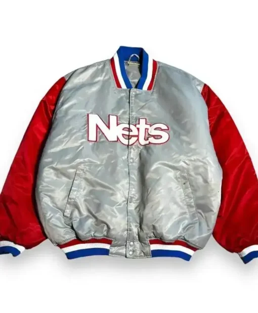 New Jersey Nets 90’s Gray and Red Satin Varsity Jacket