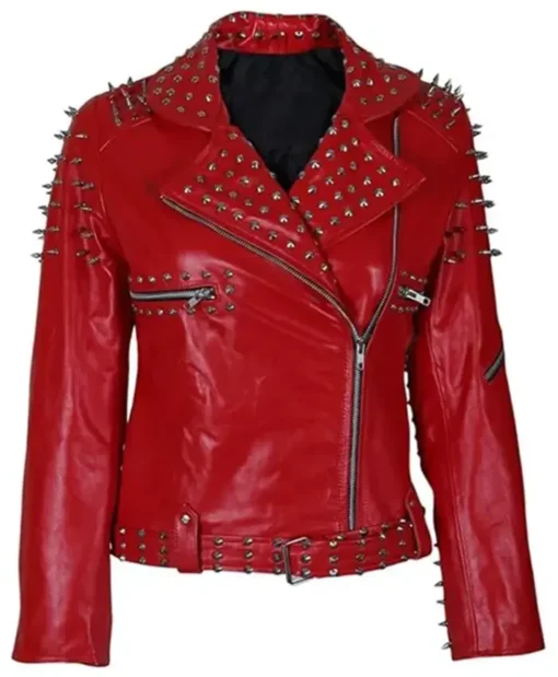 Red Leather Cone And Tree Spike Studs Jacket