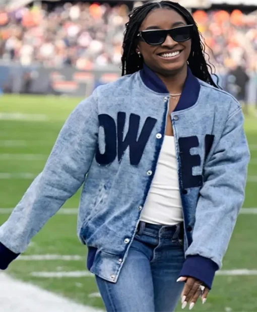 Simone Biles Vikings Vs Bears Game Custom Denim Bomber Jacket