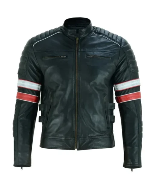 Buy Now Cafe Racer Motorcycle Striped Black Leather Jacket For Men And Women