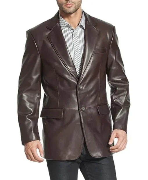 Buy Now Classic Notch Lapel Brown Leather Blazer For Unisex