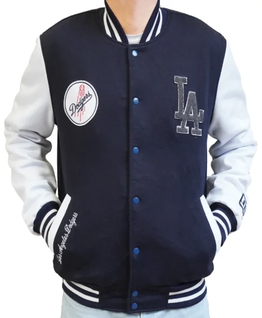 Buy Now LA Dodgers Navy Blue And White Letterman Varsity Jacket For Unisex