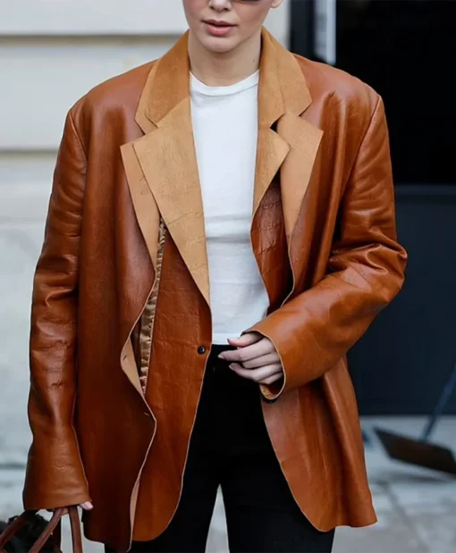 Buy Now Paris Fashion Week Kendall Jenner Double Brown Leather Blazer For Unisex