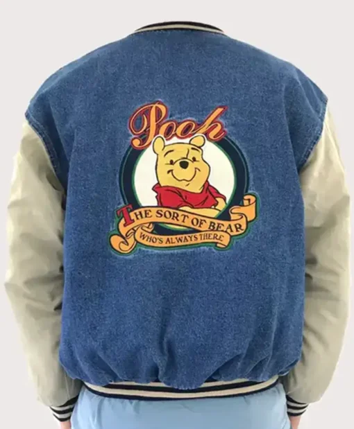 Buy Now The Pooh Blue And Beige Denim Varsity Jacket For Men And Women