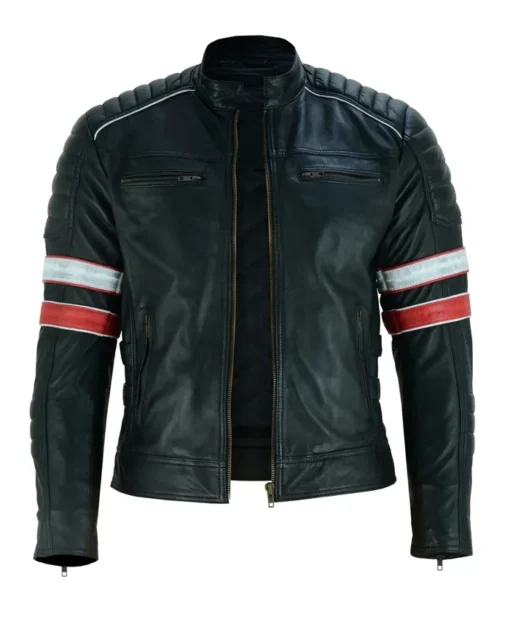 Cafe Racer Motorcycle Striped Black Leather Jacket