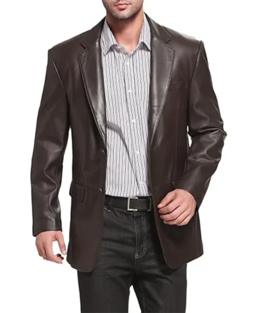 Classic Notch Lapel Brown Leather Blazer