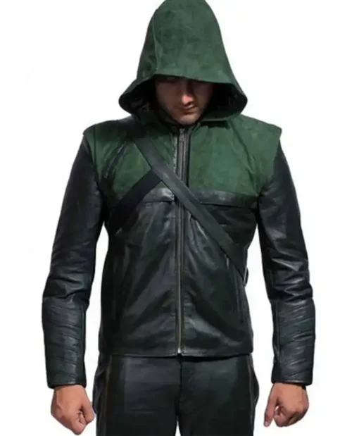 Green Arrow Stephen Amell Hooded Leather Jacket