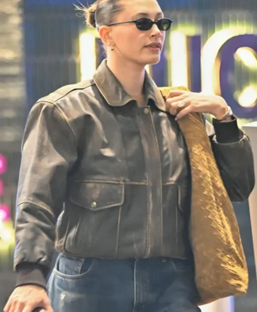 Hailey Bieber Los Angeles Leather Bomber Jacket