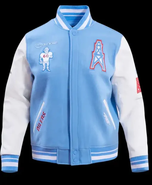 Get Now Houston Oilers Classic Rib Blue Wool Varsity Jacket For Sale