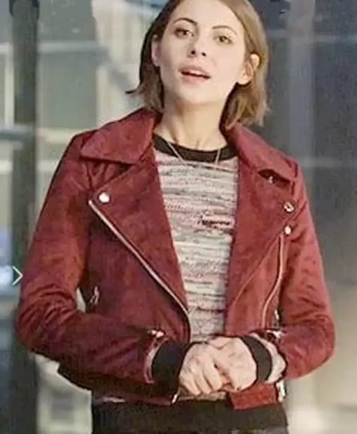 Willa Holland Arrow Red Suede Jacket