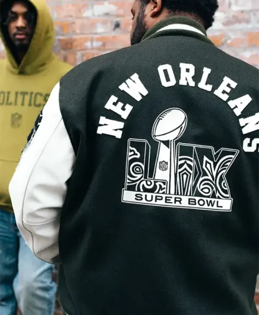 Buy Now Politics x NFL Origins New Orleans Super Bowl LIX Black And White Letterman Varsity Jacket For Unisex