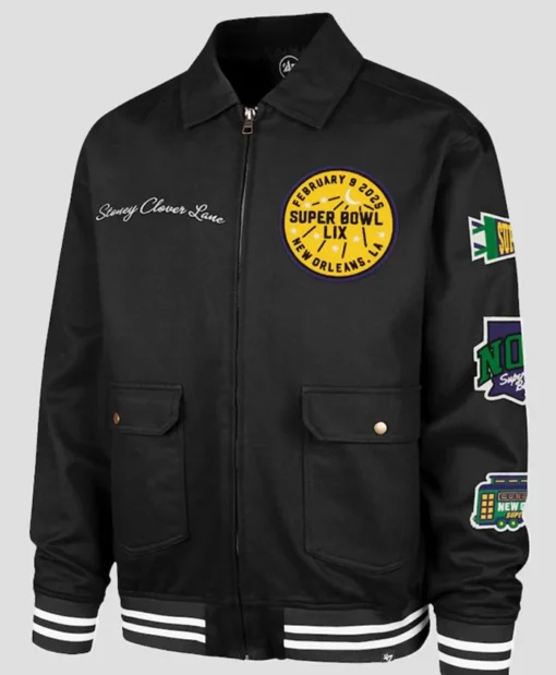 Buy Now Stoney Clover Lane X ’47 Super Bowl LIX Showstopper Homestead Black Bomber Jacket For Unisex