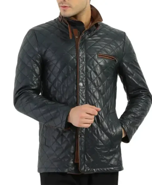 Mens Diamond Leather Black Jacket For Sale