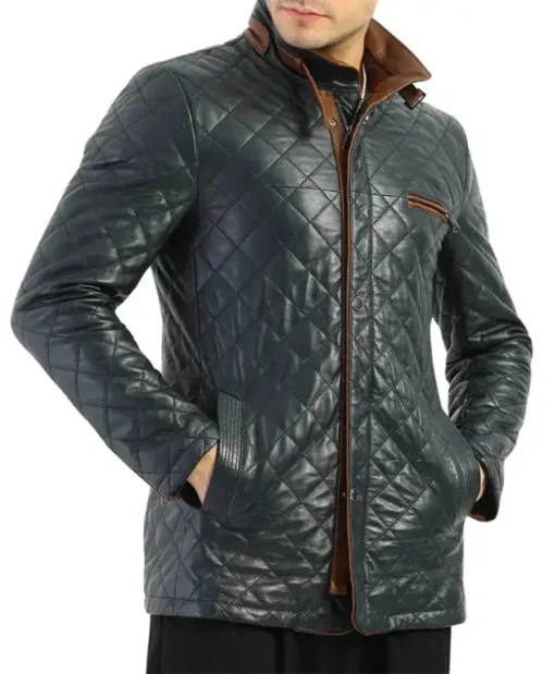 Mens Diamond Quilted Leather Black Jacket