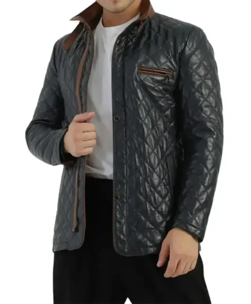 Mens Diamond Quilted Leather Black Jacket For Sale