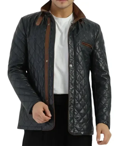 Mens Diamond Quilted Leather Black Jacket Sale